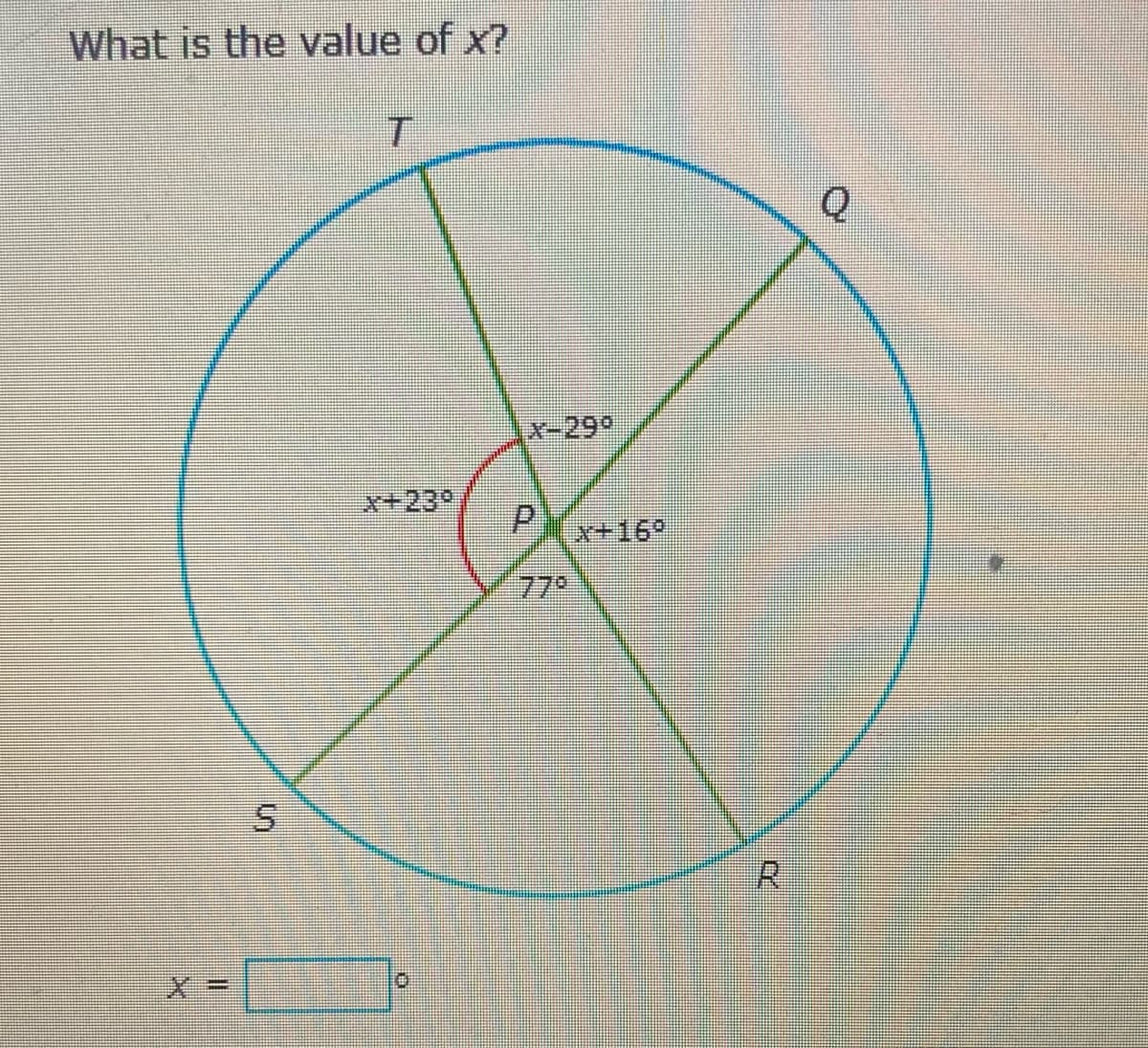 What is the value of x?
T
x+23°
=
S
0
X-29⁰
40
x+16°
R
Q