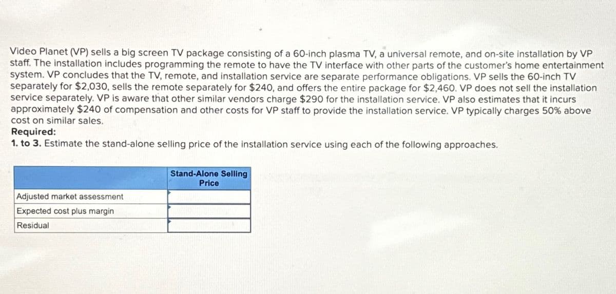 Video Planet (VP) sells a big screen TV package consisting of a 60-inch plasma TV, a universal remote, and on-site installation by VP
staff. The installation includes programming the remote to have the TV interface with other parts of the customer's home entertainment
system. VP concludes that the TV, remote, and installation service are separate performance obligations. VP sells the 60-inch TV
separately for $2,030, sells the remote separately for $240, and offers the entire package for $2,460. VP does not sell the installation
service separately. VP is aware that other similar vendors charge $290 for the installation service. VP also estimates that it incurs
approximately $240 of compensation and other costs for VP staff to provide the installation service. VP typically charges 50% above
cost on similar sales.
Required:
1. to 3. Estimate the stand-alone selling price of the installation service using each of the following approaches.
Adjusted market assessment
Expected cost plus margin
Residual
Stand-Alone Selling
Price