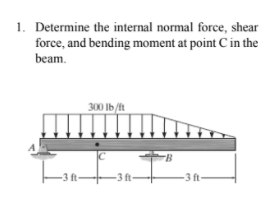 1. Determine the internal normal force, shear
force, and bending moment at point C in the
beam.
300 Ib/ft
B
-3 ft
-3 ft-
