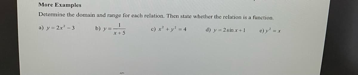 More Examples
Determine the domain and range for each relation. Then state whether the relation is a function.
a) y = 2x² - 3
b) y=-
c) x² + y² = 4
d) y=2sinx+1
e) y² = x
1
x+5
