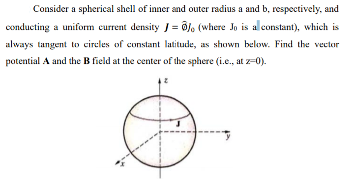 Consider a spherical shell of inner and outer radius a and b, respectively, and
conducting a uniform current density J = @J, (where Jo is al constant), which is
always tangent to circles of constant latitude, as shown below. Find the vector
potential A and the B field at the center of the sphere (i.e., at z=0).
