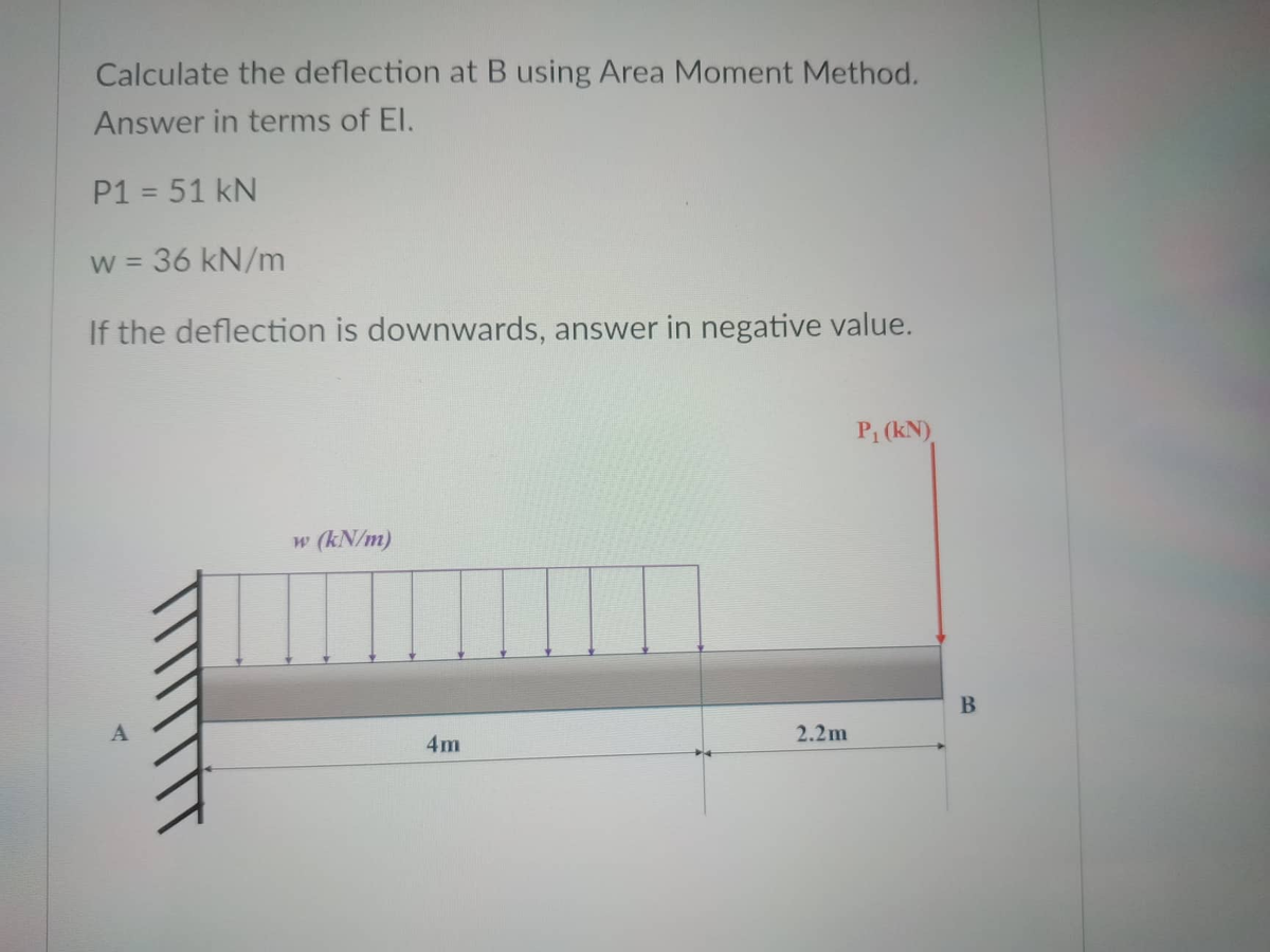 Calculate the deflection at B using Area Moment Method.
Answer in terms of El.
P1 = 51 kN
w = 36 kN/m
If the deflection is downwards, answer in negative value.
P₁ (KN)
w (kN/m)
4m
2.2m
B