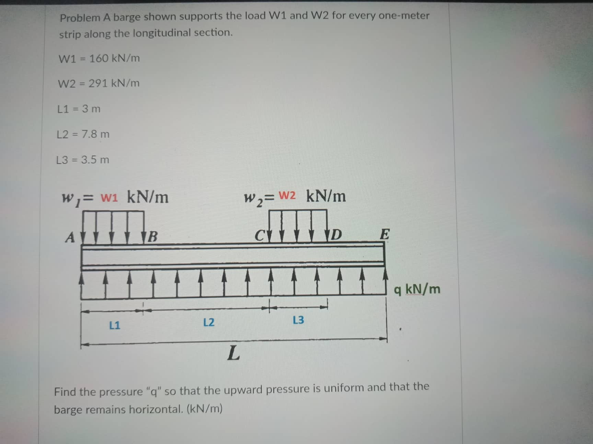 Problem A barge shown supports the load W1 and W2 for every one-meter
strip along the longitudinal section.
W1 = 160 kN/m
W2 = 291 kN/m
L1 = 3 m
L2 = 7.8 m
L3 = 3.5 m
W₁= w₁ kN/m
W₂= W² kN/m
CHILD
ATHIB
А
q kN/m
+
L1
L3
L
Find the pressure "q" so that the upward pressure is uniform and that the
barge remains horizontal. (kN/m)
L2
E