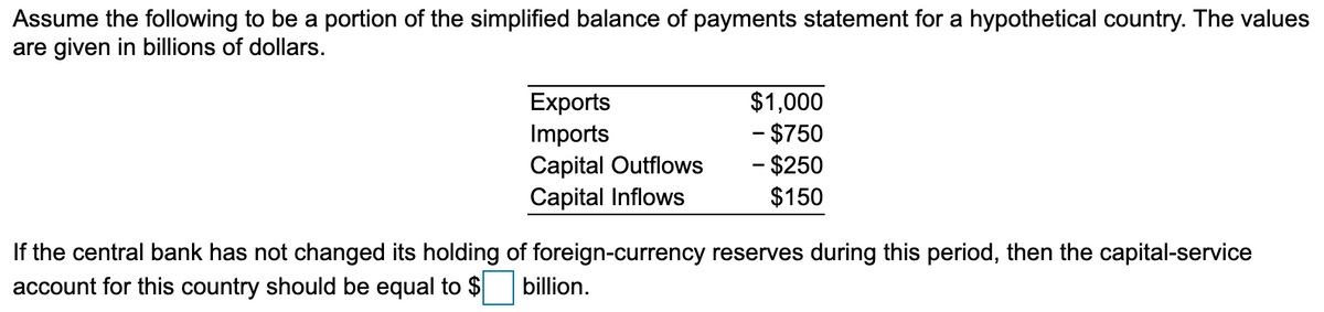 Assume the following to be a portion of the simplified balance of payments statement for a hypothetical country. The values
are given in billions of dollars.
Exports
Imports
$1,000
- $750
Capital Outflows
- $250
$150
Capital Inflows
If the central bank has not changed its holding of foreign-currency reserves during this period, then the capital-service
account for this country should be equal to $
billion.