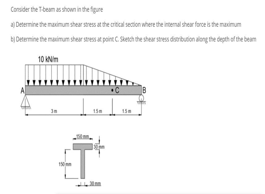 Consider the T-beam as shown in the figure
a) Determine the maximum shear stress at the critical section where the internal shear force is the maximum
b) Determine the maximum shear stress at point C. Sketch the shear stress distribution along the depth of the beam
10 kN/m
IR

