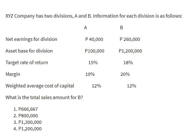 XYZ Company has two divisions, A and B. Information for each division is as follows:
Net earnings for division
Asset base for division
Target rate of return
Margin
Weighted average cost of capital
What is the total sales amount for B?
1. P666,667
2. P800,000
3. P1,300,000
4. P1,200,000
A
P 40,000
P100,000
15%
10%
12%
B
P 260,000
P1,200,000
18%
20%
12%