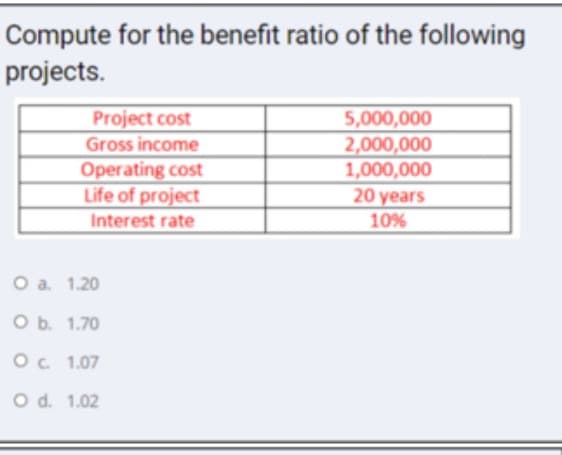 Compute for the benefit ratio of the following
projects.
Project cost
Gross income
Operating cost
Life of project
Interest rate
O a. 1.20
O b.
1.70
O c. 1.07
O d. 1.02
5,000,000
2,000,000
1,000,000
20 years
10%