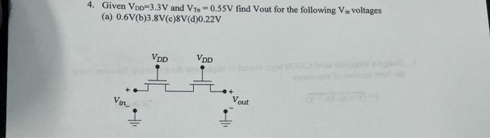 4. Given VDD 3.3V and VT=0.55V find Vout for the following Vin voltages
(a) 0.6V(b)3.8V(c)8V(d)0.22V
Vin
VDD
VDD
Vout
