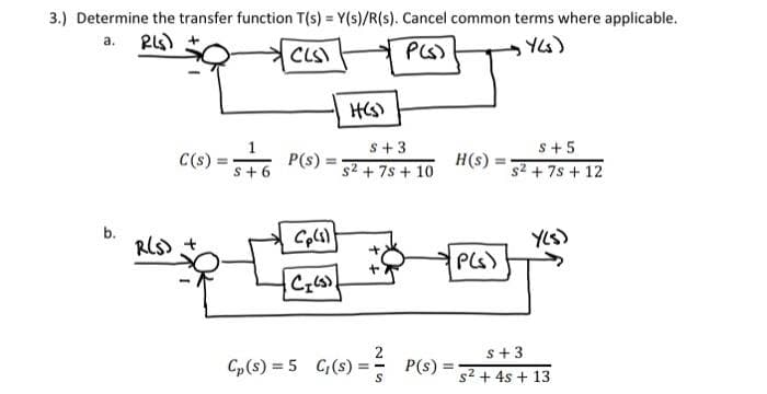 3.) Determine the transfer function T(s) = Y(s)/R(s). Cancel common terms where applicable.
a. Rls)
CLS)
P(s)
Y(s)
b.
R(S)
C(s) = 56 P(s) =
S+6
Cp(s)
C₂ (5)
H(s)
S +3
s² + 7s + 10
Cp (S) = 5 C₁(s)=P(s) =
S
H(s) =
P(s)
S+5
s² + 7s + 12
Y(S)
s+3
s² + 4s + 13