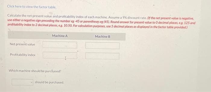 Click here to view the factor table,
Calculate the net present value and profitability index of each machine. Assume a 9% discount rate. (If the net present value is negative,
use either a negative sign preceding the number eg -45 or parentheses eg (45). Round answer for present value to 0 decimal places, e.g. 125 and
profitability index to 2 decimal places, e.g. 10.50. For calculation purposes, use 5 decimal places as displayed in the factor table provided.)
Net present value
Profitability index
Machine A
Which machine should be purchased?
should be purchased.
Machine B