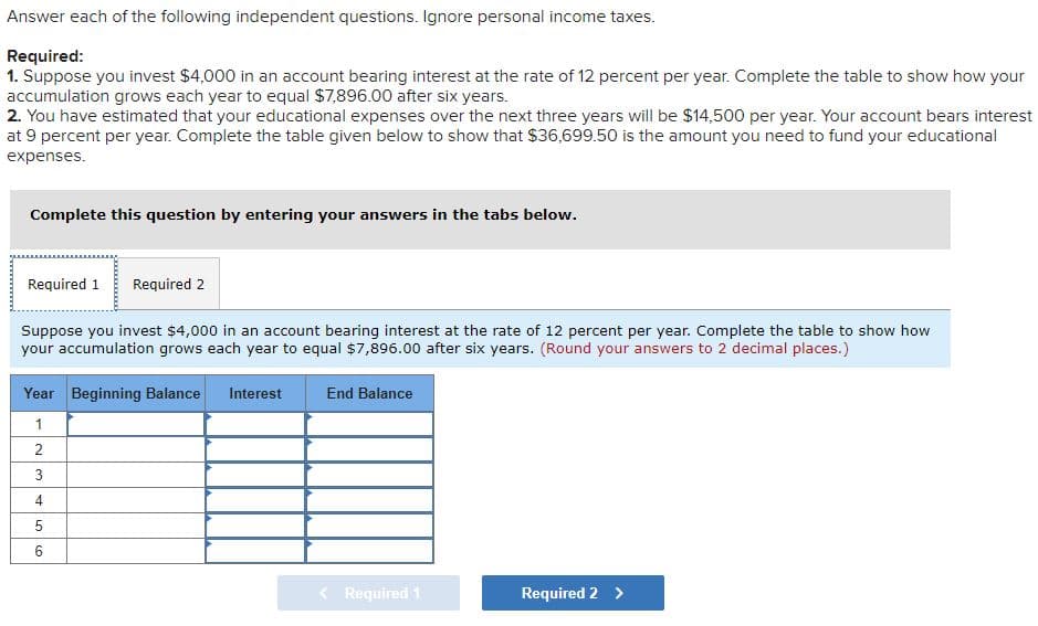 Answer each of the following independent questions. Ignore personal income taxes.
Required:
1. Suppose you invest $4,000 in an account bearing interest at the rate of 12 percent per year. Complete the table to show how your
accumulation grows each year to equal $7,896.00 after six years.
2. You have estimated that your educational expenses over the next three years will be $14,500 per year. Your account bears interest
at 9 percent per year. Complete the table given below to show that $36,699.50 is the amount you need to fund your educational
expenses.
Complete this question by entering your answers in the tabs below.
Required 1 Required 2
Suppose you invest $4,000 in an account bearing interest at the rate of 12 percent per year. Complete the table to show how
your accumulation grows each year to equal $7,896.00 after six years. (Round your answers to 2 decimal places.)
Year Beginning Balance Interest
1
2
3
4
5
6
End Balance
< Required 1
Required 2 >