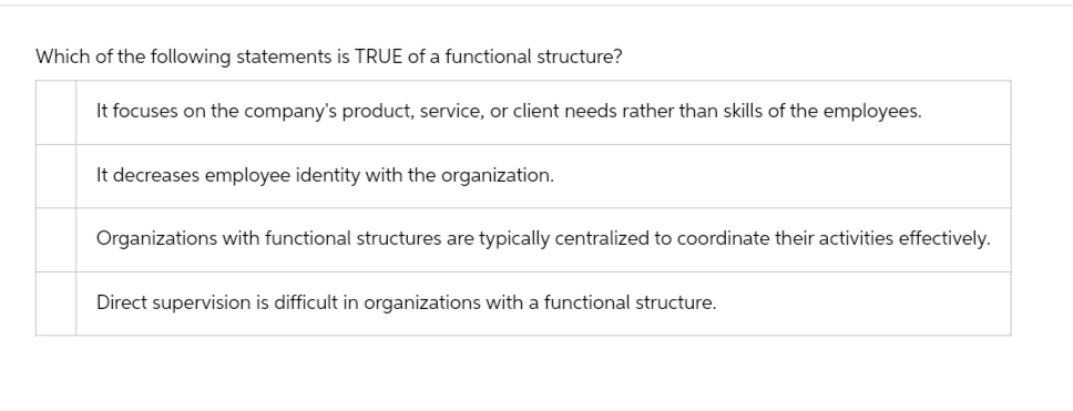 Which of the following statements is TRUE of a functional structure?
It focuses on the company's product, service, or client needs rather than skills of the employees.
It decreases employee identity with the organization.
Organizations with functional structures are typically centralized to coordinate their activities effectively.
Direct supervision is difficult in organizations with a functional structure.
