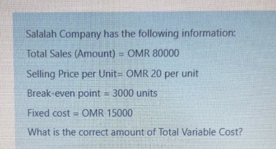 Salalah Company has the following information:
Total Sales (Amount) = OMR 80000
Selling Price per Unit= OMR 20 per unit
Break-even point = 3000 units
%3D
Fixed cost = OMR 15000
What is the correct amount of Total Variable Cost?
