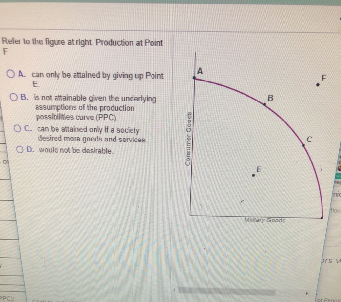 Refer to the figure at right. Production at Point
F
OA. can only be attained by giving up Point
E.
ol
d
OB. is not attainable given the underlying
assumptions of the production
possibilities curve (PPC).
OC.
can be attained only if a society
desired more goods and services.
OD. would not be desirable.
PPC):
Consumer Goods
A
E
B
Military Goods
C
F
mic
tion
Drs w
of Penns