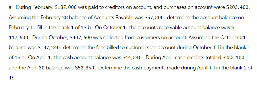 a. During February, $187,000 was paid to creditors on account, and purchases on account were $203, 400.
Assuming the February 28 balance of Accounts Payable was $57, 300, determine the account balance on
February 1. fill in the blank 1 of 1$ b. On October 1, the accounts receivable account balance was $
117,600. During October, $447, 600 was collected from customers on account. Assuming the October 31
balance was $137,240, determine the fees billed to customers on account during October. fill in the blank 1
of 1$ c. On April 1, the cash account balance was $44, 340. During April, cash receipts totaled $253, 100
and the April 30 balance was $52, 350. Determine the cash payments made during April. fill in the blank 1 of
1$