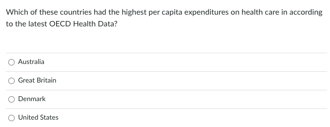 Which of these countries had the highest per capita expenditures on health care in according
to the latest OECD Health Data?
Australia
Great Britain
O Denmark
United States
