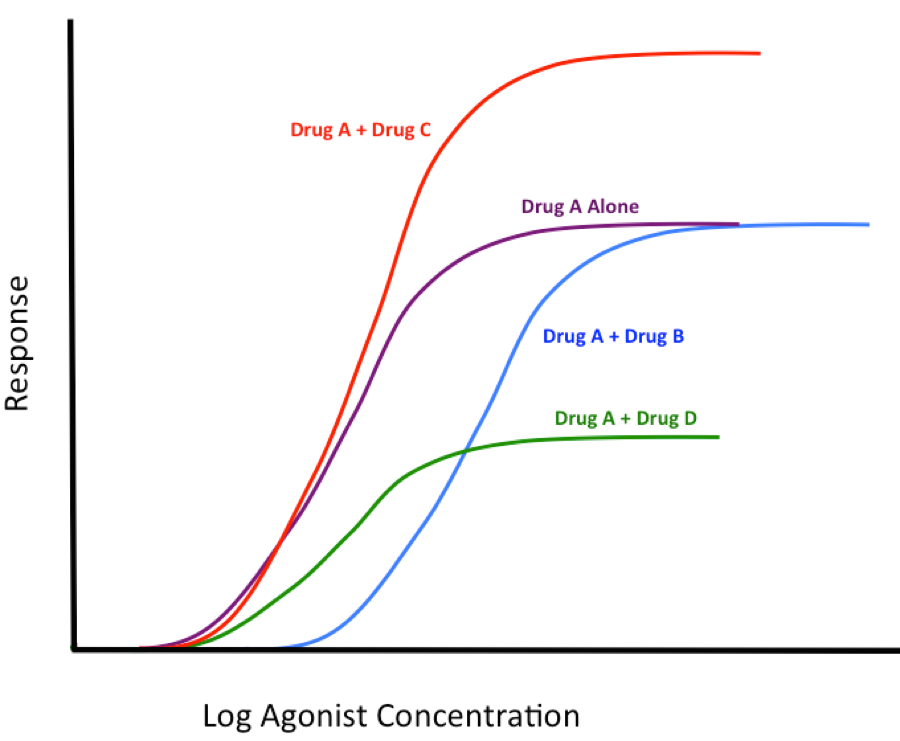 Response
Drug A + Drug C
Drug A Alone
Drug A + Drug B
Drug A + Drug D
Log Agonist Concentration