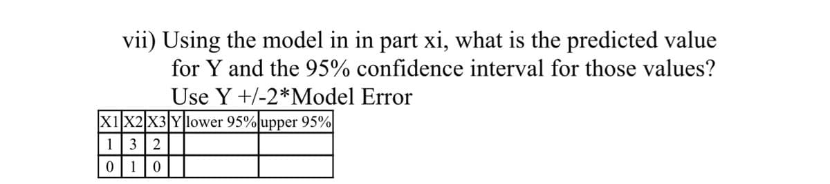 vii) Using the model in in part xi, what is the predicted value
for Y and the 95% confidence interval for those values?
Use Y+/-2*Model Error
X1 X2 X3 Ylower 95% upper 95%
1 3 2
0 10