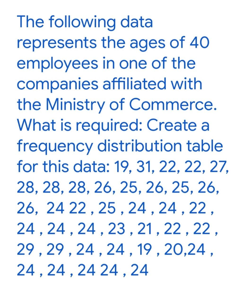 The following data
represents the ages of 40
employees in one of the
companies affiliated with
the Ministry of Commerce.
What is required: Create a
frequency distribution table
for this data: 19, 31, 22, 22, 27,
28, 28, 28, 26, 25, 26, 25, 26,
26, 24 22 , 25 , 24 , 24 , 22,
24, 24 , 24, 23, 21, 22 , 22,
29, 29, 24 , 24, 19 , 20,24 ,
24, 24, 24 24,24

