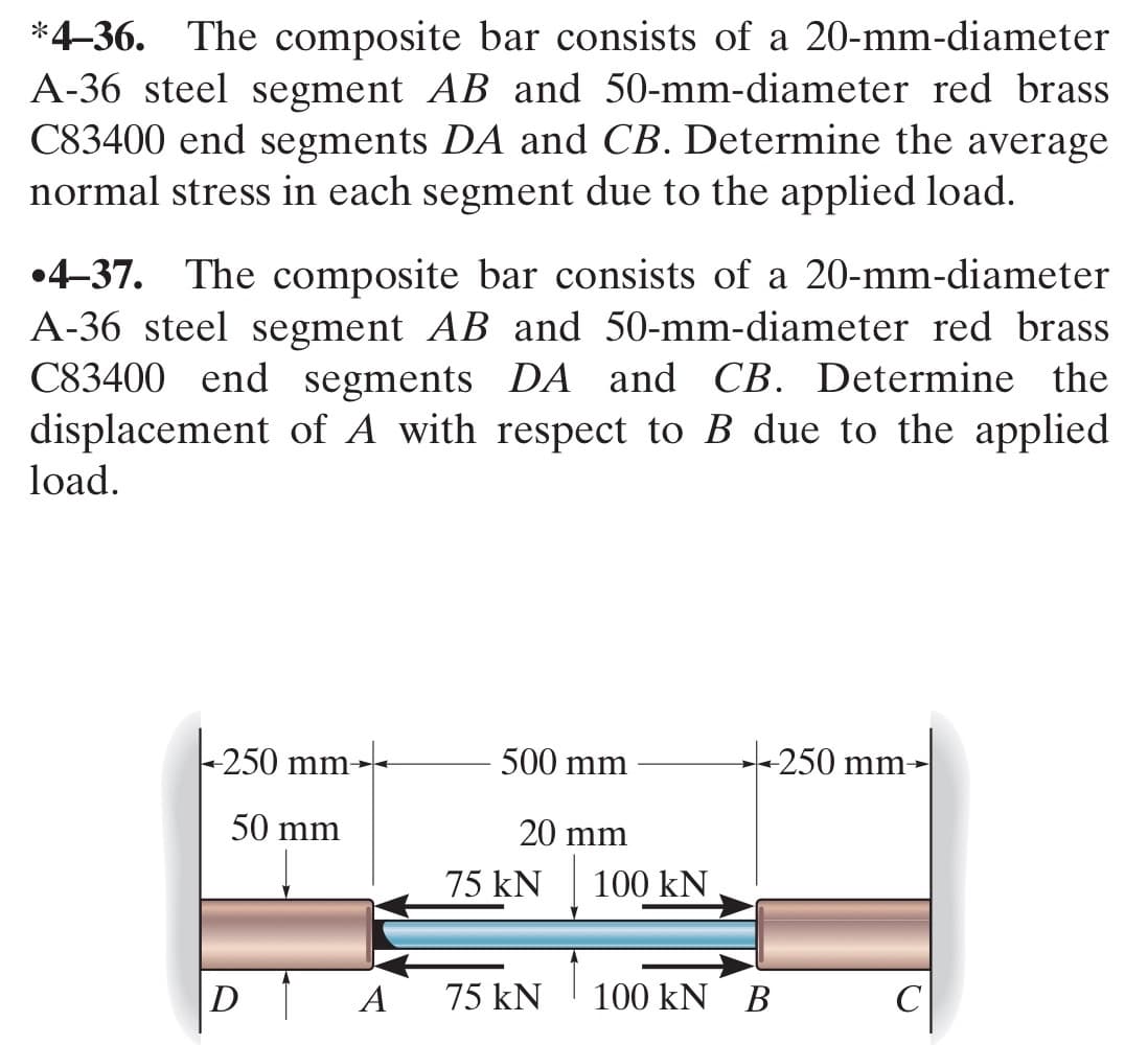 *4-36. The composite bar consists of a 20-mm-diameter
A-36 steel segment AB and 50-mm-diameter red brass
C83400 end segments DA and CB. Determine the average
normal stress in each segment due to the applied load.
4-37. The composite bar consists of a 20-mm-diameter
A-36 steel segment AB and 50-mm-diameter red brass
C83400 end segments DA and CB. Determine the
displacement of A with respect to B due to the applied
load.
-250 mm-
50 mm
D
A
500 mm
20 mm
75 kN
75 kN
100 KN
100 KN B
250 mm-
C