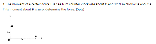 1. The moment of a certain force Fis 144 N-m counter-clockwise about O and 12 N-m clockwise about A.
If its moment about B is zero, determine the force. (5pts)
3m
6m

