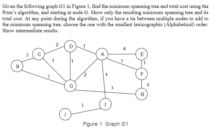 Given the following graph G1 in Figure 1, find the minimum spanning tree and total cost using the
Prim's algorithm, and starting at node G. Show only the resulting minimum spanning tree and its
total cost. At any point during the algorithm, if you have a tie between multiple nodes to add to
the minimum spanning tree, choose the one with the smallest lexicographic (Alphabetical) order.
Show intermediate results.
2
D
1
4
3
A
E
1
1
1
В
F
5
G
4
3
H
1
I
J
Figure 1. Graph G1
2.
