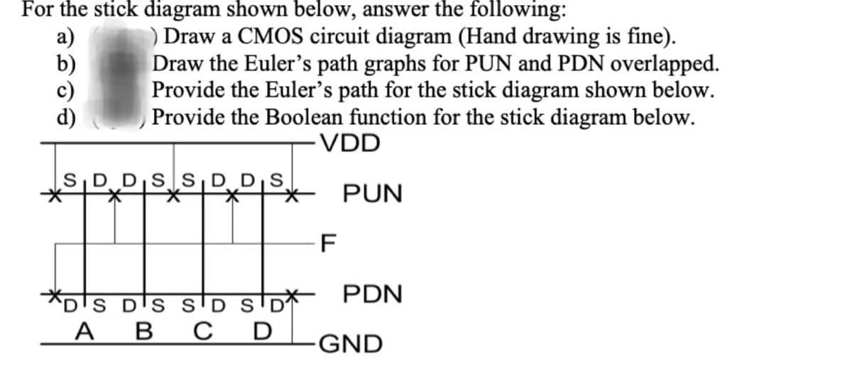 For the stick diagram shown below, answer the following:
b)
) Draw a CMOS circuit diagram (Hand drawing is fine).
Draw the Euler's path graphs for PUN and PDN overlapped.
Provide the Euler's path for the stick diagram shown below.
Provide the Boolean function for the stick diagram below.
VDD
SDD SSD DIS
*
II
D'S SD SD
A B
C D
PUN
PDN
GND