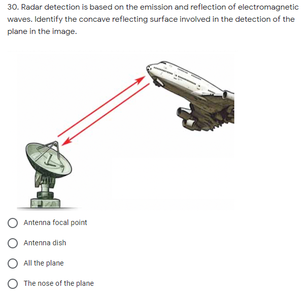 30. Radar detection is based on the emission and reflection of electromagnetic
waves. Identify the concave reflecting surface involved in the detection of the
plane in the image.
Antenna focal point
Antenna dish
All the plane
The nose of the plane
