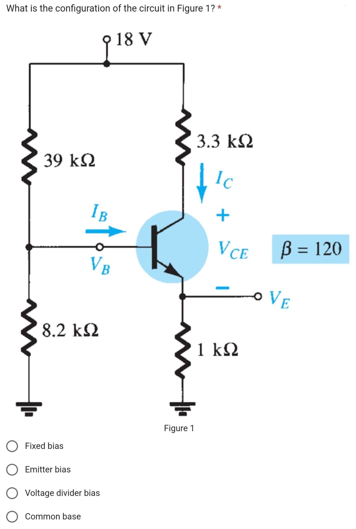 What is the configuration of the circuit in Figure 1? *
39 ΚΩ
Fixed bias
Emitter bias
IB
8.2 ΚΩ
Common base
fo
V₁
Voltage divider bias
18 V
N
Figure 1
3.3 ΚΩ
Ic
+
VCE
1 ΚΩ
ß = 120
-O VE