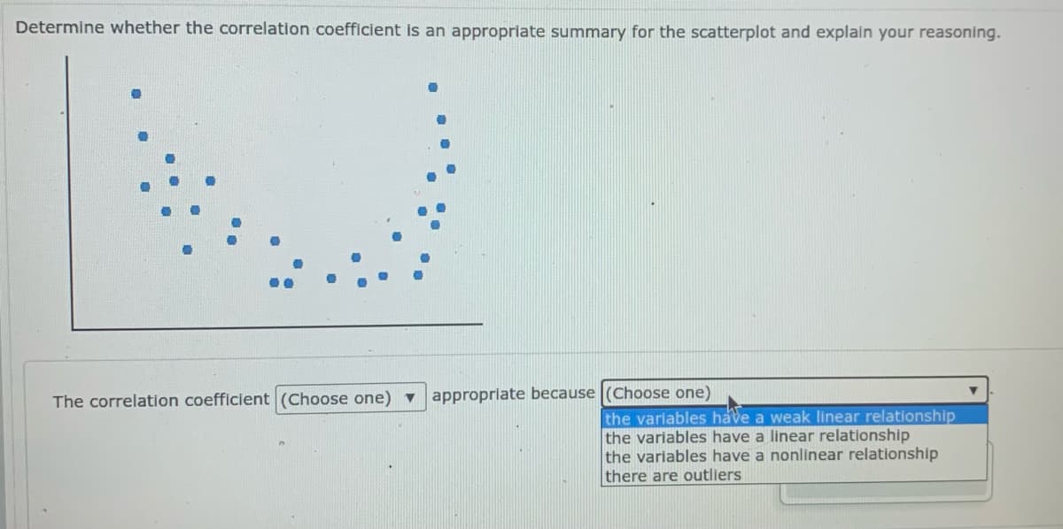 Determine whether the correlation coefficient is an appropriate summary for the scatterplot and explain your reasoning.
The correlation coefficient (Choose one) v appropriate because (Choose one)
the variables have a weak linear relationship
the variables have a linear relationship
the variables have a nonlinear relationship
there are outliers
