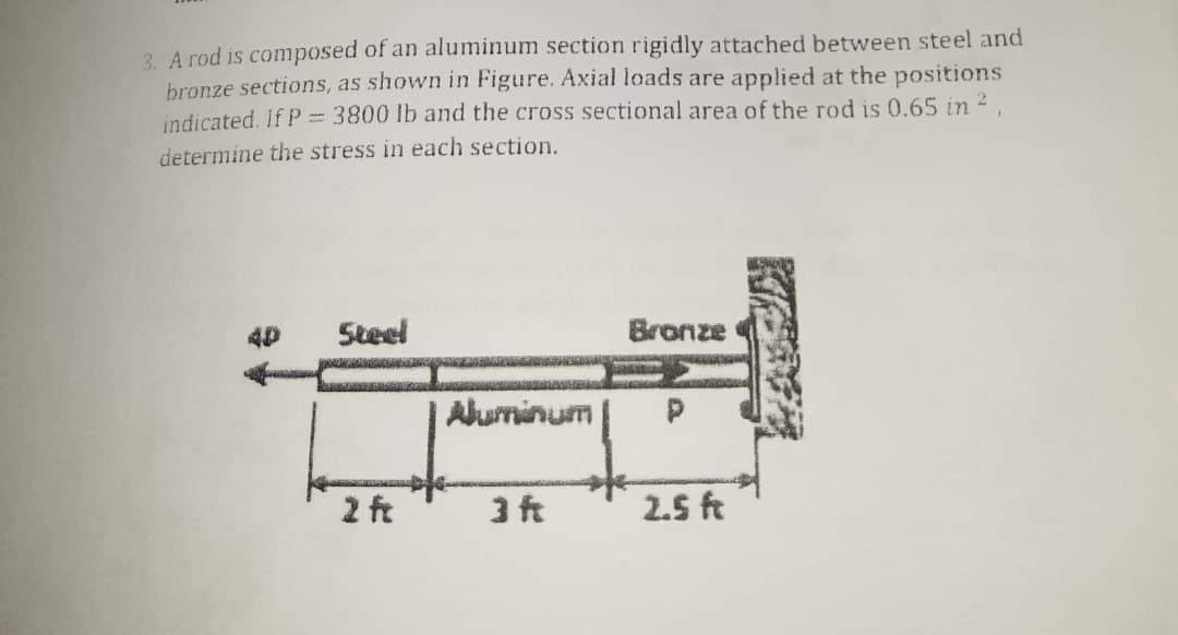 3. A rod is composed of an aluminum section rigidly attached between steel and
bronze sections, as shown in Figure. Axial loads are applied at the positions
indicated. If P= 3800 lb and the cross sectional area of the rod is 0.65 in 2
determine the stress in each section.
Steel
Bronze
Aluminum
2 ft
3 ft
2.5 ft
