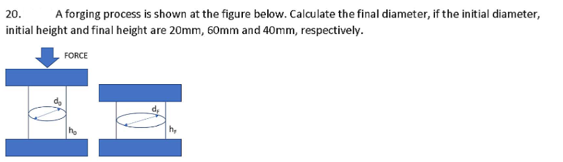 20.
A forging process is shown at the figure below. Calculate the final diameter, if the initial diameter,
initial height and final height are 20mm, 60mm and 40mm, respectively.
FORCE
ho
h

