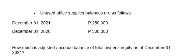 Unused office supplies balances are as follows:
December 31, 2021
December 31, 2020
P 250,000
P 300,000
How much is adjusted / accrual balance of total owner's equity as of December 31,
2021?