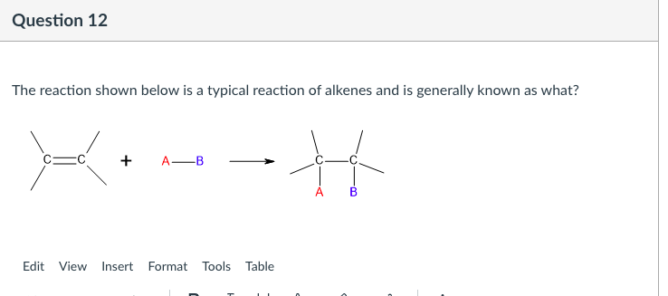 Question 12
The reaction shown below is a typical reaction of alkenes and is generally known as what?
+ A-B
Edit View Insert Format Tools Table
4