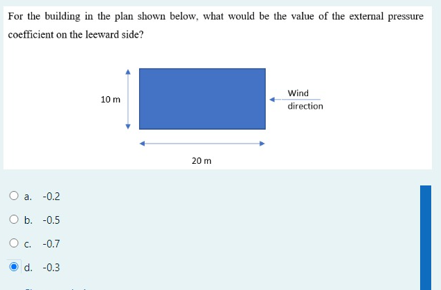 For the building in the plan shown below, what would be the value of the external pressure
coefficient on the leeward side?
O a. -0.2
O b. -0.5
O c. -0.7
O
d. -0.3
10 m
20 m
Wind
direction
