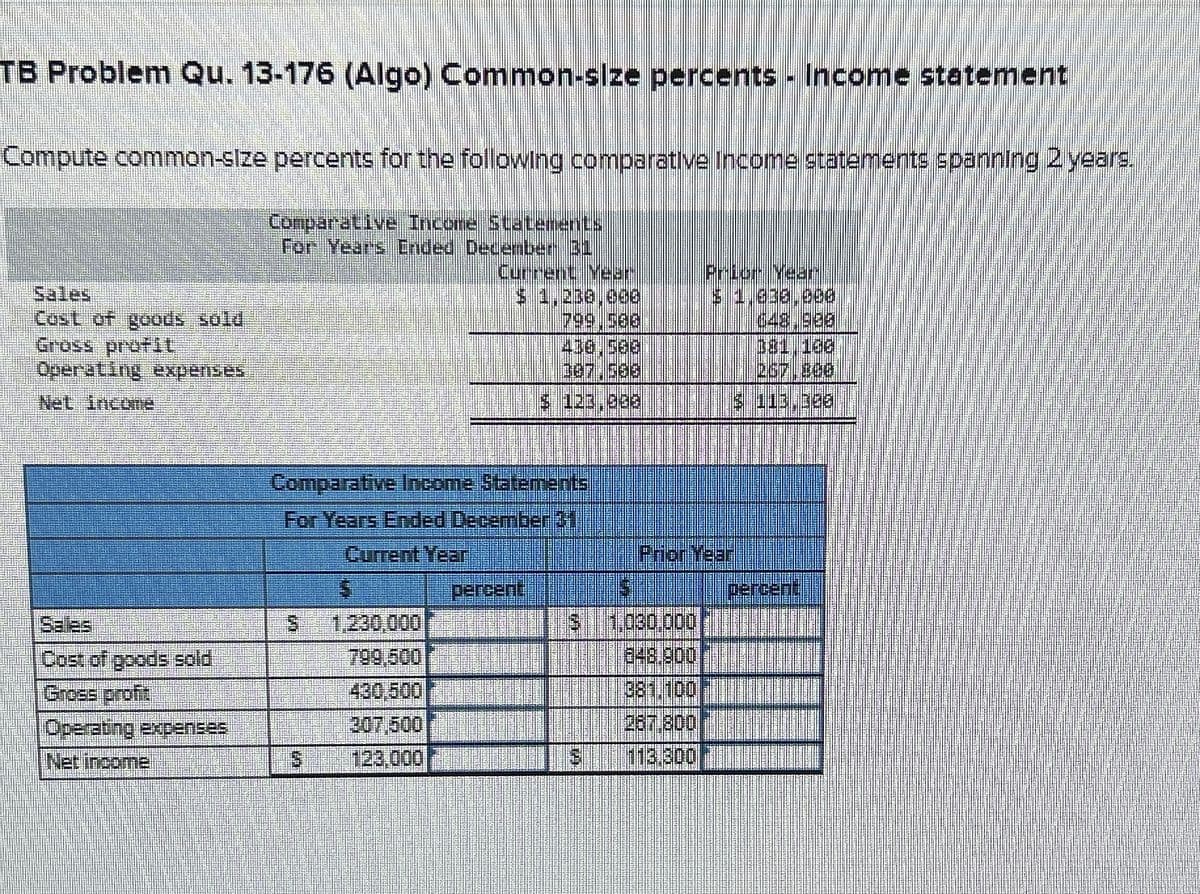 TB Problem Qu. 13-176 (Algo) Common-size percents - Income statement
Compute common-size percents for the following comparative Income statements spanning 2 years.
Comparative Incore Statements
For Year's Ended December 31
Cost of goods sold
Gross profit
Operating expenses
Net Income
Cost of goods sold
Gross profit
Operating expenses
Net income
Comparative Income Statements
For Years Ended December 11
Current Year
S
51
1.230,000
799,500
430,500
307 500
percent
M
Th
Prior Year
1.030.000
848.800
113.300
percent