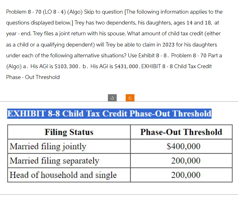 Problem 8 - 70 (LO 8-4) (Algo) Skip to question [The following information applies to the
questions displayed below.] Trey has two dependents, his daughters, ages 14 and 18, at
year - end. Trey files a joint return with his spouse. What amount of child tax credit (either
as a child or a qualifying dependent) will Trey be able to claim in 2023 for his daughters
under each of the following alternative situations? Use Exhibit 8 - 8. Problem 8 - 70 Part a
(Algo) a. His AGI is $103,300. b. His AGI is $431, 000. EXHIBIT 8 -8 Child Tax Credit
Phase - Out Threshold
S
EXHIBIT 8-8 Child Tax Credit Phase-Out Threshold
Filing Status
Married filing jointly
Married filing separately
Head of household and single
Phase-Out Threshold
$400,000
200,000
200,000