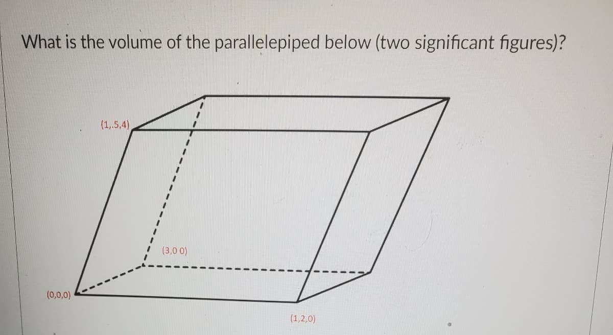 What is the volume of the parallelepiped below (two significant figures)?
(0,0,0)
(1,.5.4)
1
(3,00)
1
(1,2,0)