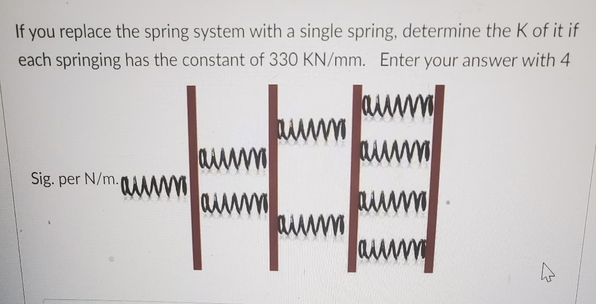 If you replace the spring system with a single spring, determine the K of it if
each springing has the constant of 330 KN/mm. Enter your answer with 4
Jam
ㅌ
aum
aum
wwww
Sig. per
N/m. aum
awwwn
aww
A