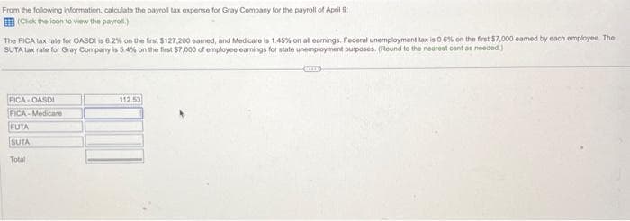From the following information, calculate the payroll tax expense for Gray Company for the payroll of April
(Click the icon to view the payroll)
The FICA tax rate for OASDI is 6.2% on the first $127,200 eamed, and Medicare is 1.45% on all earnings. Federal unemployment tax is 0 6% on the first $7,000 earned by each employee. The
SUTA tax rate for Gray Company is 5.4% on the first $7,000 of employee earnings for state unemployment purposes. (Round to the nearest cent as needed.)
FICA-OASDI
FICA-Medicare
FUTA
SUTA
Total
112.53