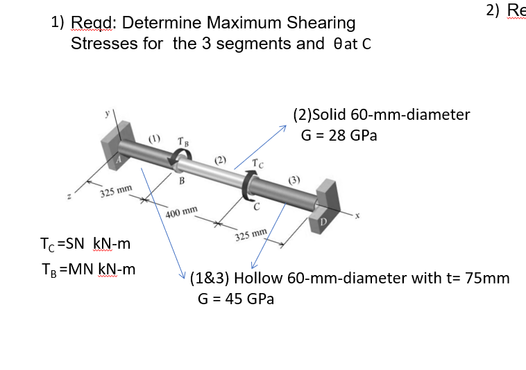 1) Reqd: Determine Maximum Shearing
Stresses for the 3 segments and 0at C
2) Re
(2)Solid 60-mm-diameter
G = 28 GPa
(1)
TB
Tc
B
325 mm
400 mm
Tc=SN kN-m
325 mm
Тв 3DMN KN-m
(1&3) Hollow 60-mm-diameter with t= 75mm
G = 45 GPa
