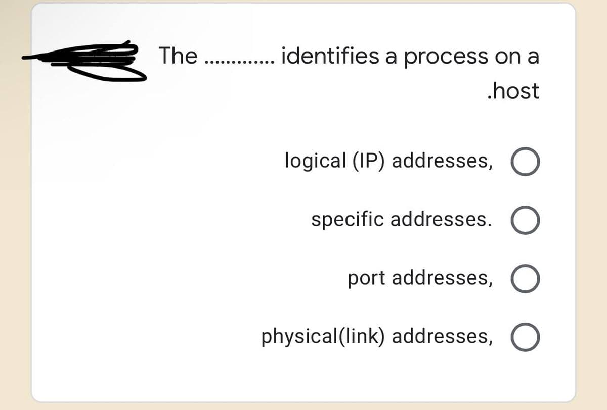 The
.............
identifies a process on a
.host
logical (IP) addresses, O
specific addresses.
port addresses,
physical (link) addresses, O