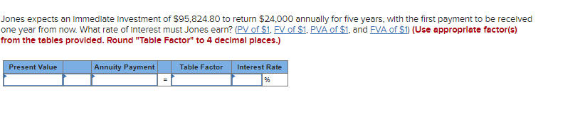 Jones expects an immediate Investment of $95,824.80 to return $24,000 annually for five years, with the first payment to be received
one year from now. What rate of Interest must Jones earn? (PV of $1, FV of $1, PVA of $1, and FVA of $1) (Use appropriate factor(s)
from the tables provided. Round "Table Factor" to 4 decimal places.)
Present Value
Annuity Payment
Table Factor
Interest Rate
%