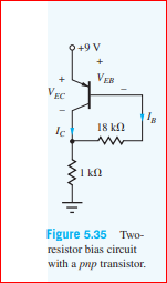 9+9 V
VEB
VEC
18 k2
I kl
Figure 5.35 Two-
resistor bias circuit
with a pnp transistor.
