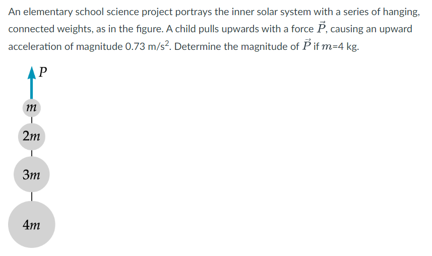 An elementary school science project portrays the inner solar system with a series of hanging,
connected weights, as in the figure. A child pulls upwards with a force P, causing an upward
acceleration of magnitude 0.73 m/s². Determine the magnitude of P if m=4 kg.
P
m
2m
3m
4m