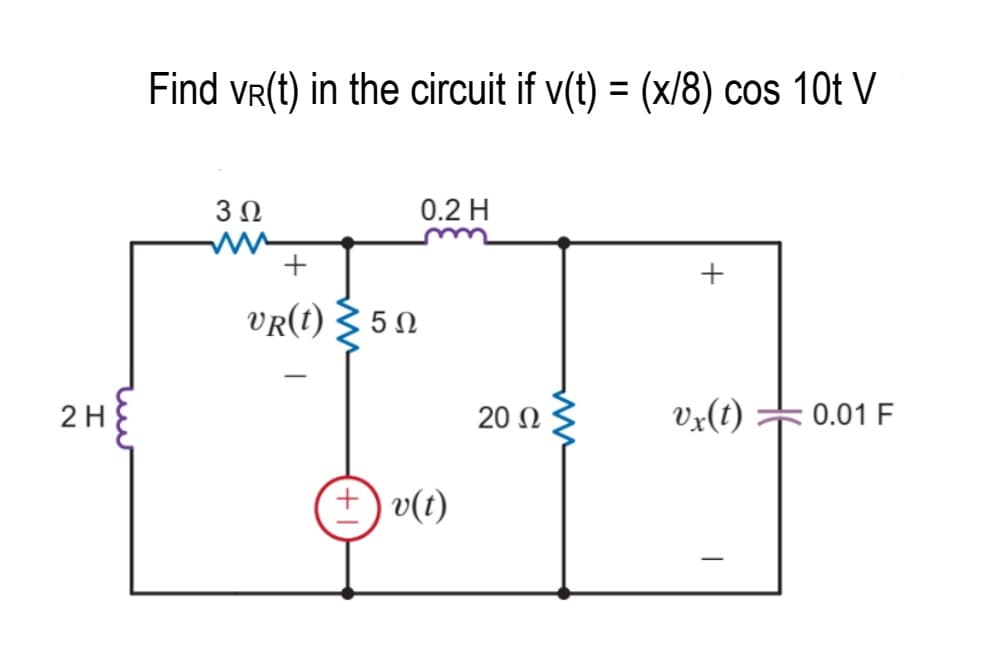 2 H
Find Vr(t) in the circuit if v(t) = (x/8) cos 10t V
3 Ω
ww
*R(t)>50
0.2 H
+v(t)
20 Ω
+
vx(t)
0.01 F
