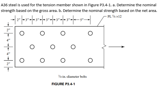 A36 steel is used for the tension member shown in Figure P3.4-1. a. Determine the nominal
strength based on the gross area. b. Determine the nominal strength based on the net area.
PL % x12
2"
4"
4"
2"
4-in.-diameter bolts
FIGURE P3.4-1
