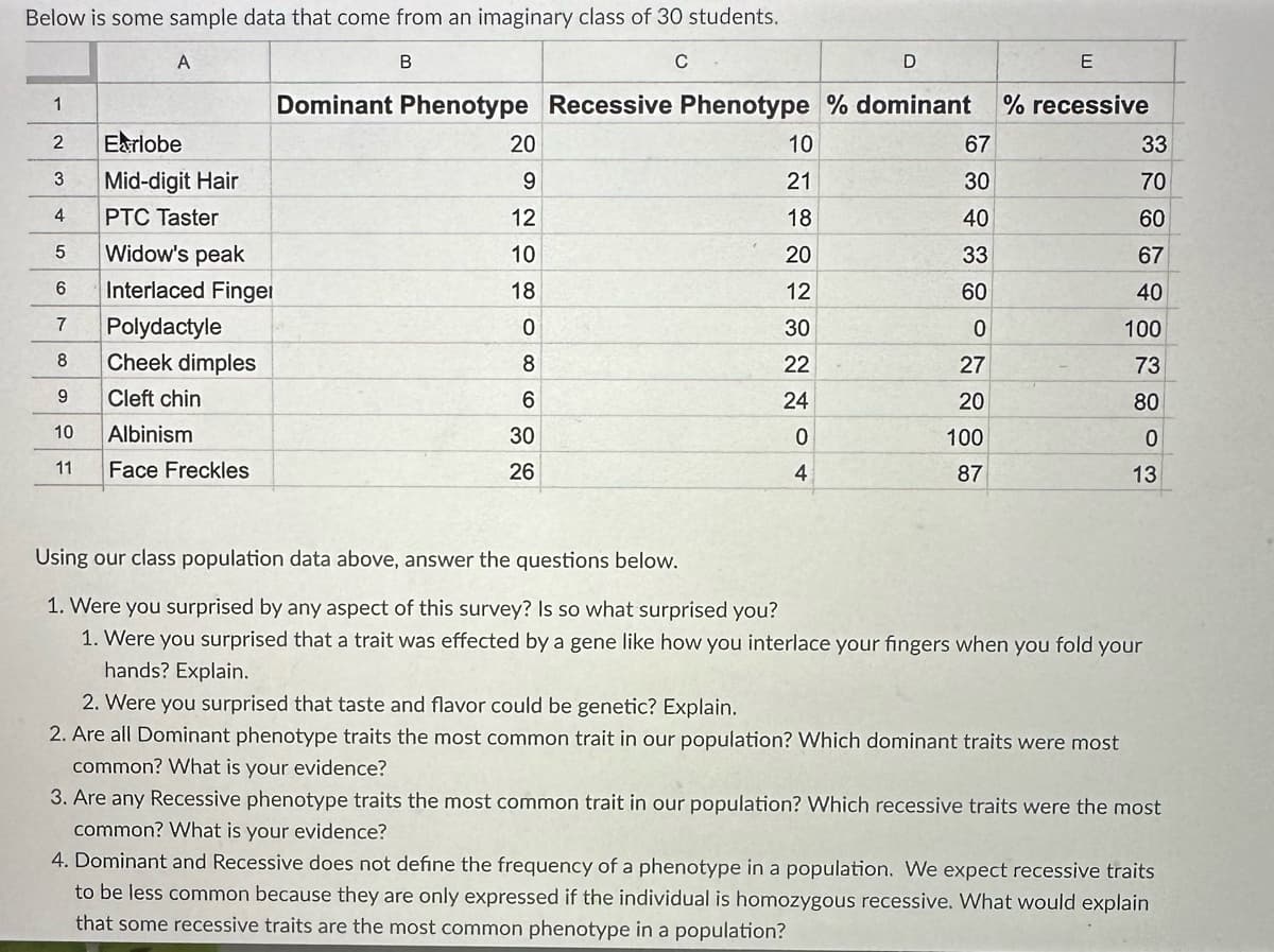 Below is some sample data that come from an imaginary class of 30 students.
A
1
2
Earlobe
3 Mid-digit Hair
4
PTC Taster
5 Widow's peak
6
7
8
9
10
11
Interlaced Fingel
Polydactyle
Cheek dimples
Cleft chin
Albinism
Face Freckles
E
Dominant Phenotype Recessive Phenotype % dominant % recessive
B
20
9
12
10
18
0
8
6
30
26
10
21
18
20
12
30
22
24
0
4
D
67
30
40
33
60
0
27
20
100
87
33
70
60
67
40
100
73
80
0
13
Using our class population data above, answer the questions below.
1. Were you surprised by any aspect of this survey? Is so what surprised you?
1. Were you surprised that a trait was effected by a gene like how you interlace your fingers when you fold your
hands? Explain.
2. Were you surprised that taste and flavor could be genetic? Explain.
2. Are all Dominant phenotype traits the most common trait in our population? Which dominant traits were most
common? What is your evidence?
3. Are any Recessive phenotype traits the most common trait in our population? Which recessive traits were the most
common? What is your evidence?
4. Dominant and Recessive does not define the frequency of a phenotype in a population. We expect recessive traits
to be less common because they are only expressed if the individual is homozygous recessive. What would explain
that some recessive traits are the most common phenotype in a population?