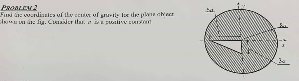 PROBLEM 2
Find the coordinates of the center of gravity for the plane object
shown on the fig. Consider that a is a positive constant.
ба
8a
X
3a
