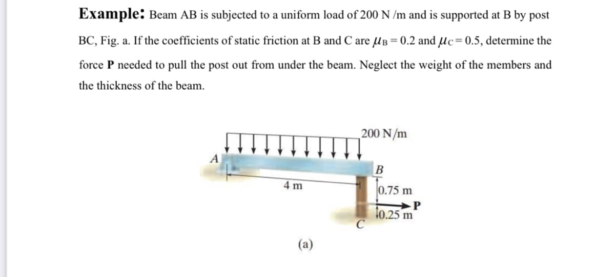 Example: Beam AB is subjected to a uniform load of 200 N /m and is supported at B by post
BC, Fig. a. If the coefficients of static friction at B and C are UB = 0.2 and µc= 0.5, determine the
force P needed to pull the post out from under the beam. Neglect the weight of the members and
the thickness of the beam.
200 N/m
A
4 m
0.75 m
10.25 m
C
(a)
